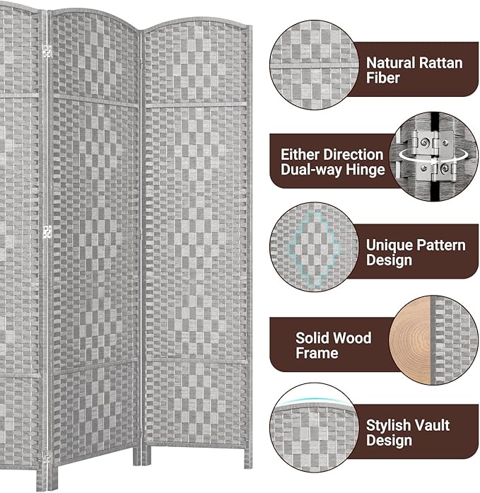 HALLYBEE Room Divider, Room Dividers and Folding Privacy Screens, 16in Privacy Screen, 6 Panel Temporary Wall Partitions, 6ft Space Separation Panel Screen, Stone Grey