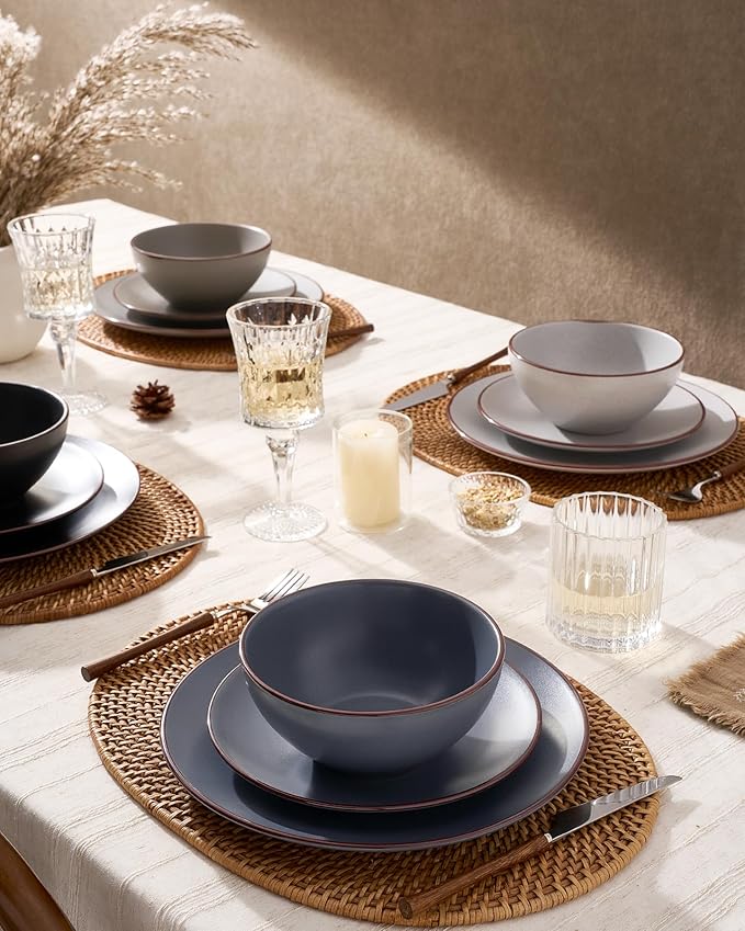 Famiware Venus Speckled Dinnerware Set with Pasta Bowls for 4 (16 Pieces), Stoneware Plates and Double Bowls, Assorted Colors - Microwave & Dishwasher Safe Dishes with Trim for Everyday & Formal Use