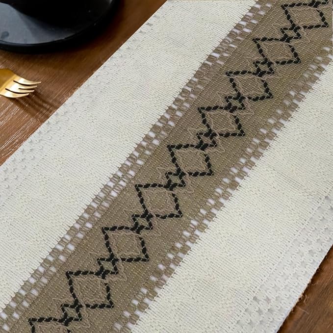 EMMTEEY Macrame Table Runner Boho Style - Cotton Linen, Hexagonal Grid with Tassels, Heat Resistant & Scratch Proof for Dining Table, Bedroom, Home Decor (12x72 Inch, White Brown)