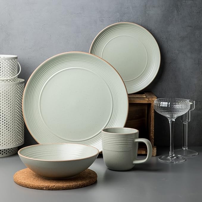 Arora RINGAR Round Stoneware 16pc Dinnerware Set of 4, Dinner Plates, Side Plates, Cereal Bowls, Mugs - Speckle Matte White (406646)