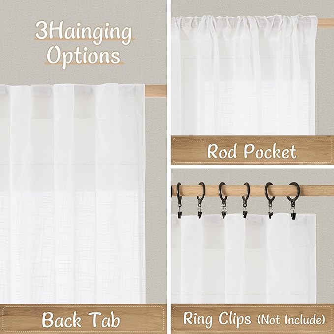 LAMIT White Semi Sheer Linen Curtains for Bedroom 2 Panels Set, 54 Inch Light Filtering Neutral Drapes Back Tab and Rod Pocket Panels for Kitchen/Small Windows/Living Room, 34 x 54 Inch