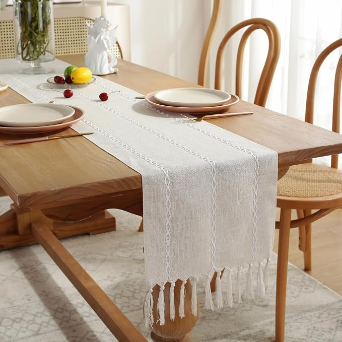 Rustic Boho Table Runner, Farmhouse Table Runners 72 Inches Long for Kitchen Dining Room, 13x72 Inches, Ivory Lines