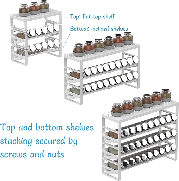 Jojocross Expandable, Stackable, Adjustable Spice Rack kitchen Organizer,Metal Pantry Storage Shelves - Multi-Tier Shelf for Cabinet, Countertop, Pantries, Cupboard or Wall Mount,White