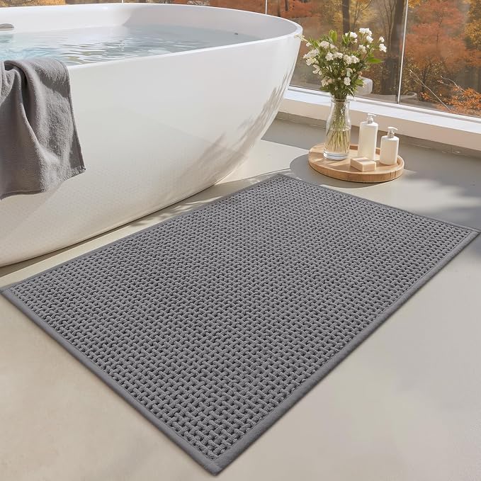 Color&Geometry Rubber Backed Waffle Bath Mat 36x24, Non Slip Water Washable Bathroom Rugs, Soft Absorbent Chenille Boho Carpet for Bathroom Floor, Tub and Shower, Grey