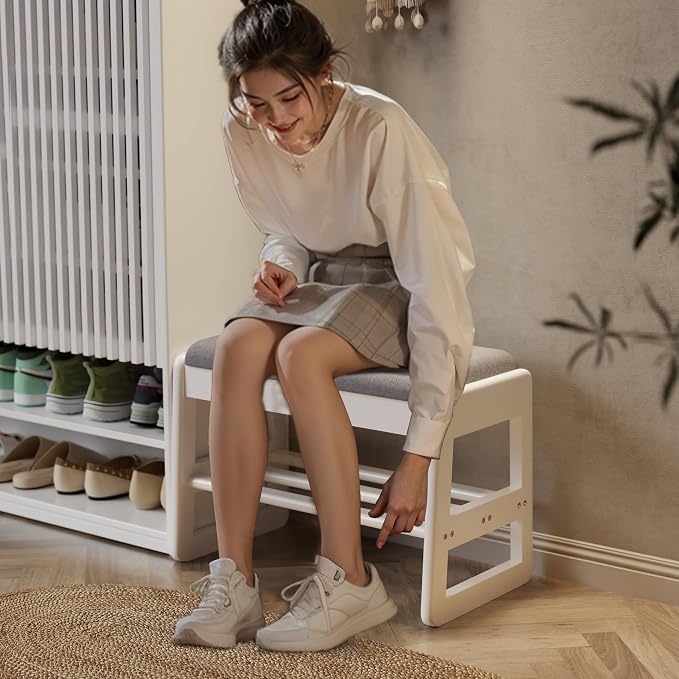 AQIMUELE Shoe Rack Bench,2 Tiers Shoe Bench with Storage with Flip-Top,Wood Shoe Rack for Entryway,Hallway（White Upholstered Seat,11.8" D x 23.62" W x 15.7" H）
