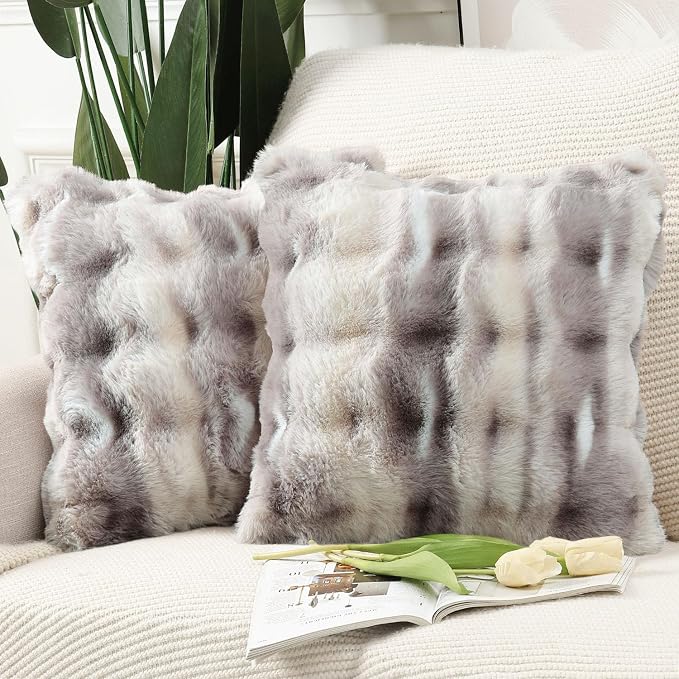 MADIZZ Pack of 2 Thick Plush Faux Wool Throw Pillow Covers Soft Boho Throw Pillows Luxurious Cushion Covers for Couch Sofa Bedroom Living Room Home Decor 16x16 Inch Grey Taupe