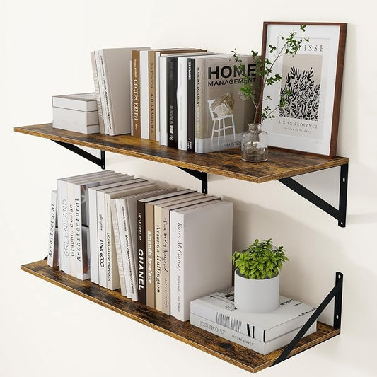 Heimlove Deep Floating Shelves for Wall, 36W x 12D Wood Wall Shelves Set of 2, Wide Floating Bookshelf for Living Room, Kitchen, Office, Bedroom and Decor Storage, with Metal Bracket - Rustic Brown
