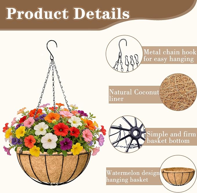 EIMQUVW 4 Pack Black Metal Round Hanging Basket 12 Inch Decorative Outdoor Coconut Fiber Planter with Chain Classic Hanging Flower Pots are Ideal for Gardens Patios Porches and Vertical Planting