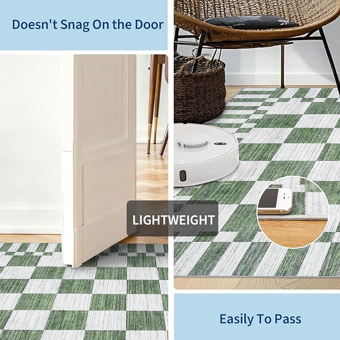 GarveeHome Sage Green Checkered Rug 4×6 Area Rugs for Living Room，Non-Slip Washable Rug Soft Low-Pile, Neutral Modern Farmhouse Geometric Rugs for Bedroom Dining Room Office