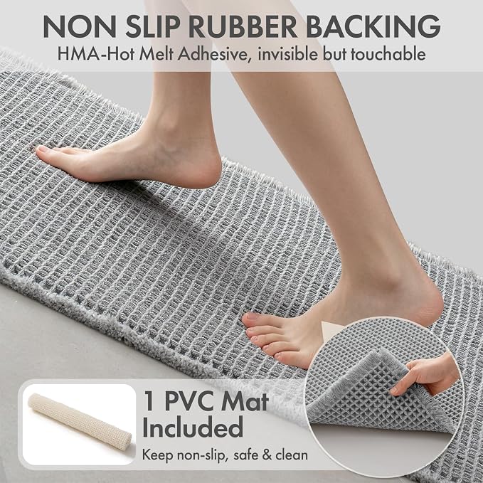 MIULEE Waffle Bathroom Runner Rugs, Super Absorbent Non Slip Bath Rug, Upgraded Soft Quick Dry Washable Boho Long Bath Mat with Tassels for Hallway Laundry Room Bedroom, 2'x4' (24"x48"), Light Grey