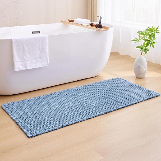 ILANGO Upgraded Waffle Bath Mat,Super Absorbent Boho Non Slip Bathroom Rugs Quick Dry,Ultra Soft Machine Washable Mats with Tassels for Floor,24x36,Light Blue