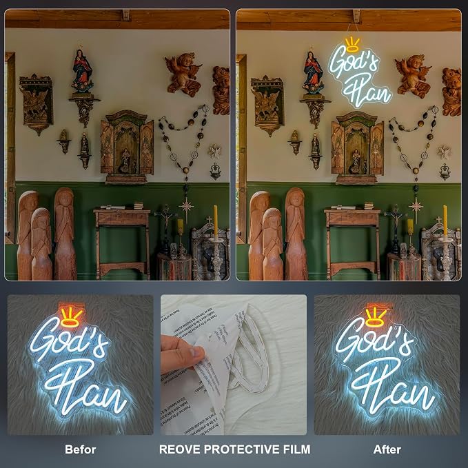 WLHOPE God's Plan Neon Sign White Led Neon Signs for Wall Decor, God Neon Signs USB Powered Letter Neon Light Signs for Bedroom Living Room Home Bar Wedding Party Decoration
