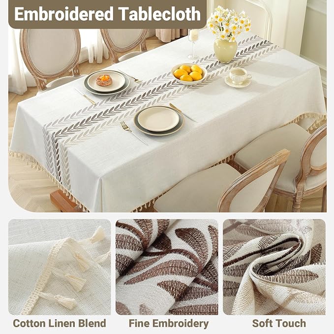 Laolitou Cotton Linen Waterproof Tablecloth for Dining Table Farmhouse Kitchen Rectangle Table Cloth Coffee Wrinkle Free Cover, Beige, Wine Leaf, 55x102 Inch