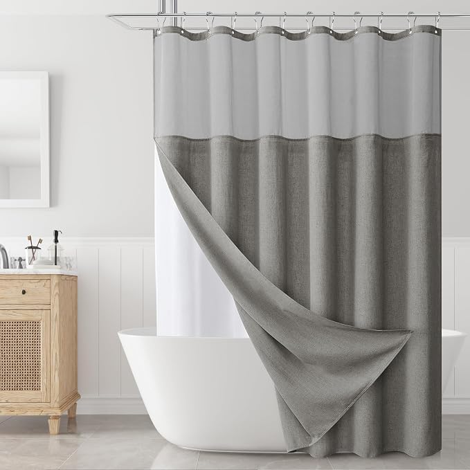 Naturoom Grey Linen Shower Curtain with Fabric Snap in Liner Set Rustic Style Farmhouse Shower Curtains for Bathroom Heavy Duty Burlap Cloth Double Bath Curtains with See Through Top Window 72x72