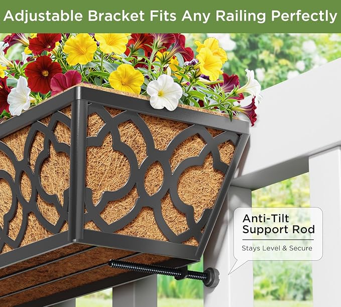24 Inch Railing Planter Box with Coco Liner, Adjustable Metal Hanging Planter, Window Box for Balcony Deck Fence, Outdoor Flower Box Black, 6 Pack
