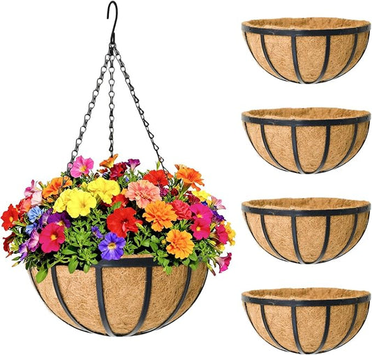 4 Pack 12 inch Metal Hanging Planters Basket Set Round Wire Plant Holder with Coco Fiber Liners Chain Indoor Outdoor Hanging Baskets for Garden Balcony Patio Deck Porch Vegetables Flower Plants