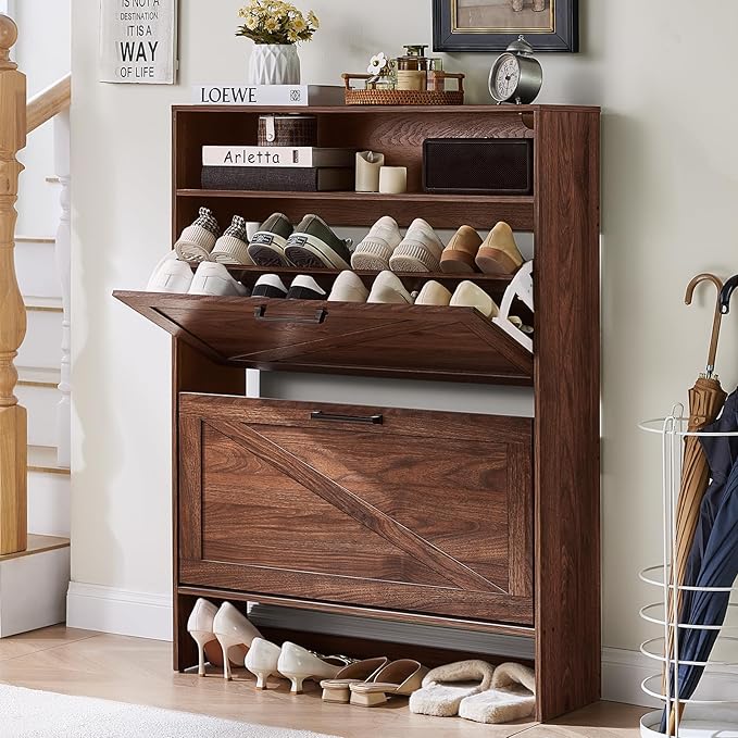 RWYHG Shoe Cabinet Storage for Entryway with 2 Flip Drawers Open Storage Layer Rack Narrow Organizer Slim Hidden Wood Shoe Cabinet Furniture Walnut