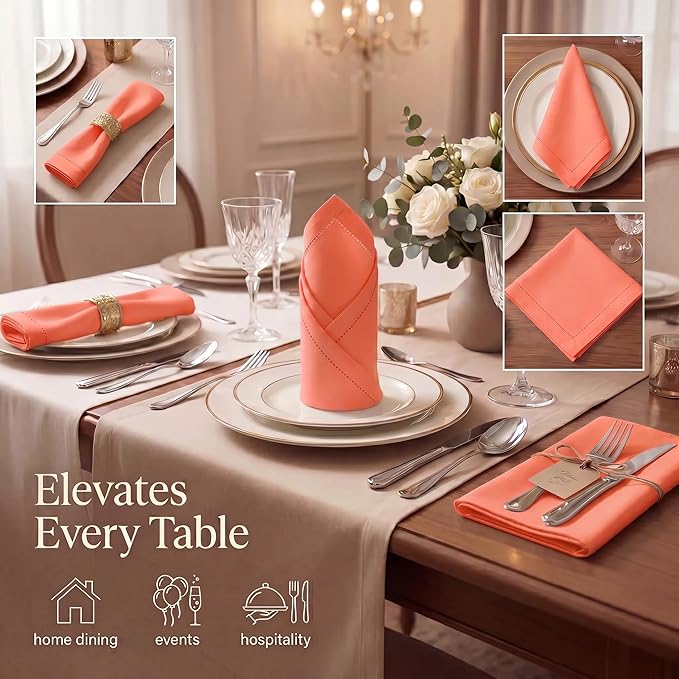 Urban Villa Cloth Napkins 100% Cotton Highly Absorbent Washable Reusable Premium Dinner Napkins Ideal for Gifts for Mothers Day Hotel Farmhouse Parties - Orange Hemstitch (20" x 20", Set of 12)