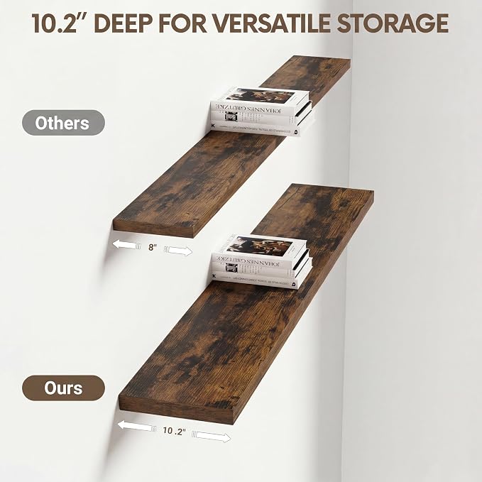 Vivelove 10 Inch Deep Floating Shelves 40 inch Long, 40 x 10 Wide Wall Shelves with Invisible Brackets, for Bedroom Bathroom Living Room Kitchen Office, Farmhouse Home Decor, Set of 2, Rustic Brown