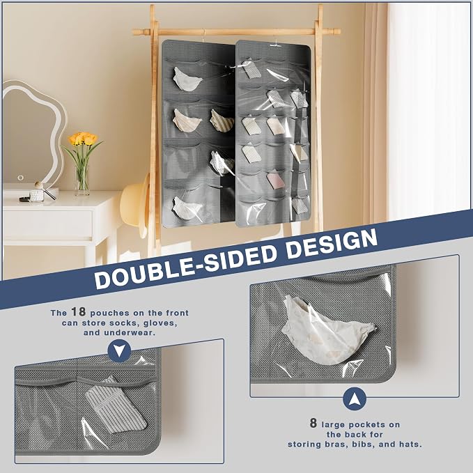 Hanging Closet Underwear Organizer, 28-Pockets Dual-Sided Storage for Socks, Bras, and Leggings Lingerie and Kids’ Clothing, Dark Gray