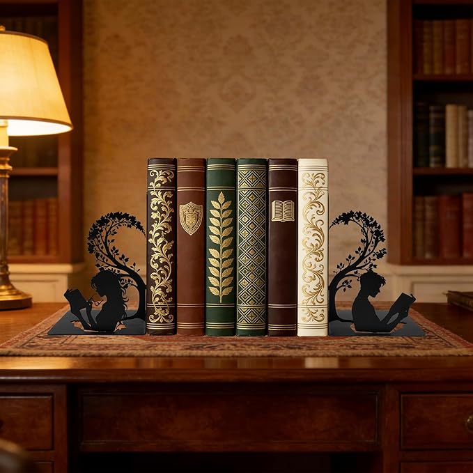 Matte Black Iron Decorative Bookends for Shelves, Couple Reading Tree Design Book Ends Decorative, Book Ends for Heavy Books, Unique Bookends for Home Office Shelves, 7.9 x 1.2 x 5.9 Inches