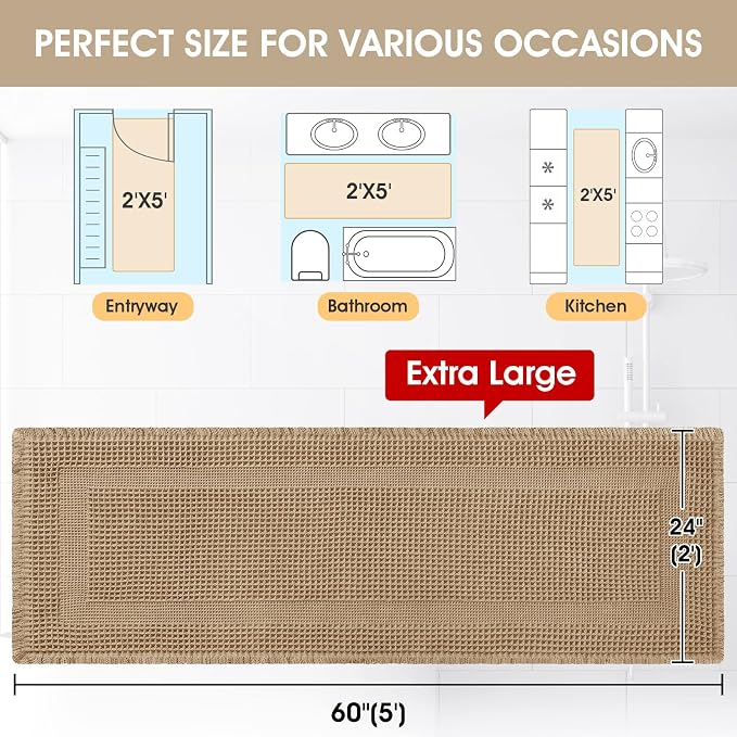 Extra Large Waffle Bath Mat, 5'x2' Beige-Looped, Super Absorbent Non-Slip Quick Dry Bathroom Rugs with Tassels, Machine Washable Ultra Soft Boho Bath Rugs for Floor, Toilet Mats Boho Farmhouse Decor
