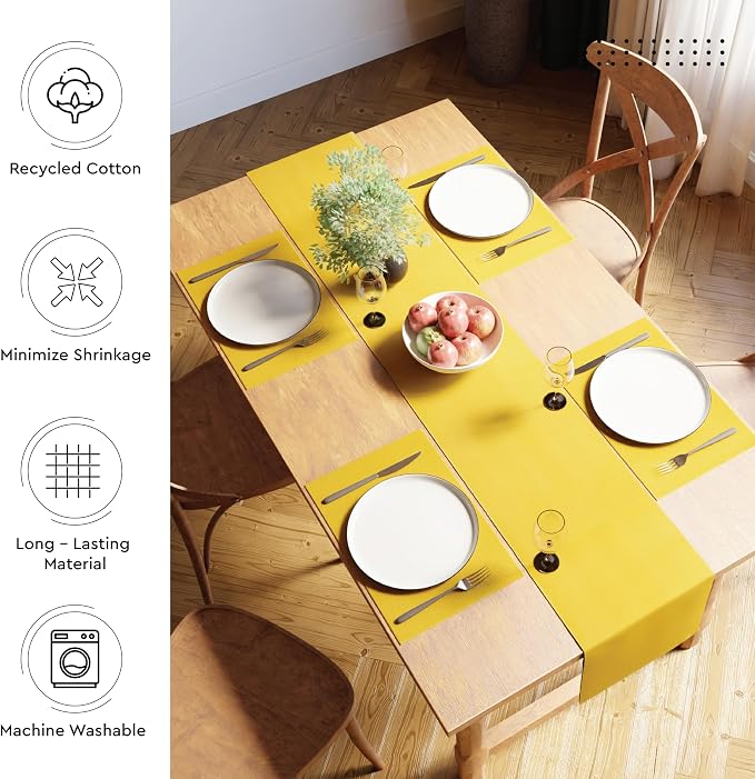 Encasa XO Dining Table Runner 13"x59" | Yarn Dyed Fine Ribbed Cotton | Yellow | Machine Washable