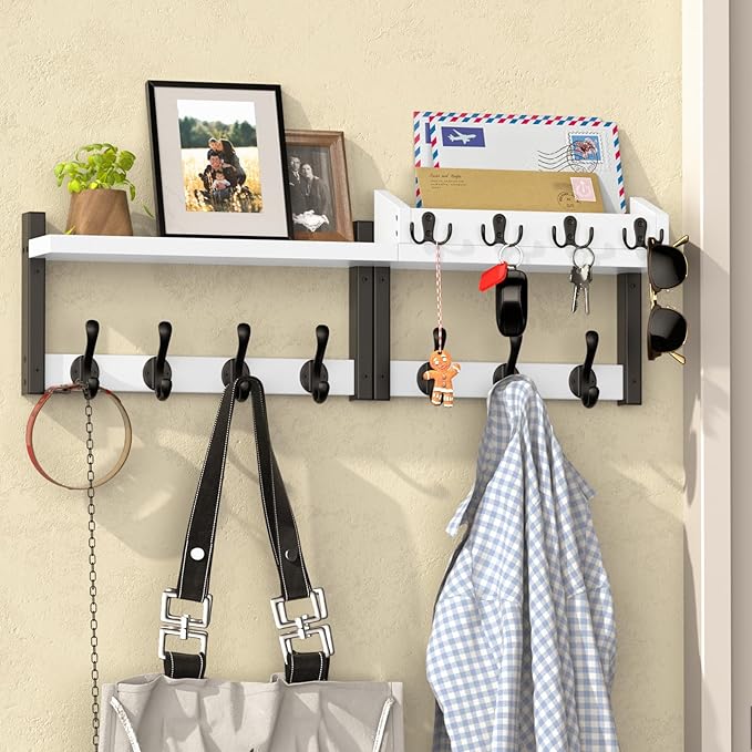 29'' White Coat Rack Wall Mount with Shelf, Solid Wood Coat and Key Hanger with 11 Metal Hooks, Farmhouse Wall Organizer for Mail, Entryway Wall Hangers for Hats, Clothes, Backpacks, Mudroom