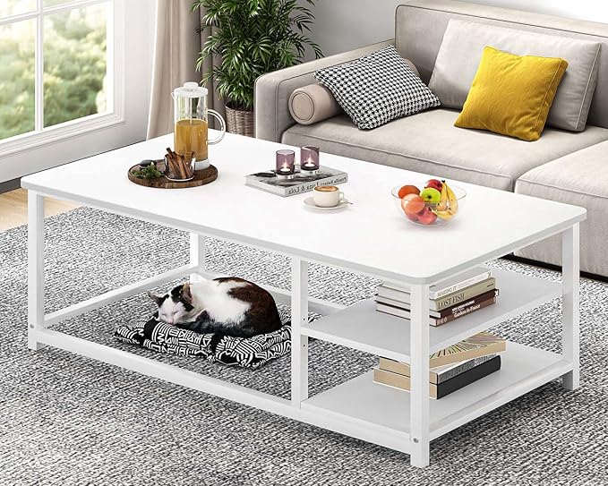 EXCEFUR White Coffee Table, Modern Rustic Wood Center Table with Storage for Living Room, Industrial Rectangle Cocktail Tea Table, 47 Inch