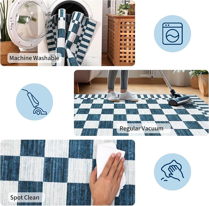 GarveeHome 9×12 Area Rugs for Living Room,Blue and White Checkered Rug, Non-Slip Washable Rugs 9x12,Soft Low-Pile Farmhouse Geometric Modern Rugs for Bedroom Dining Room