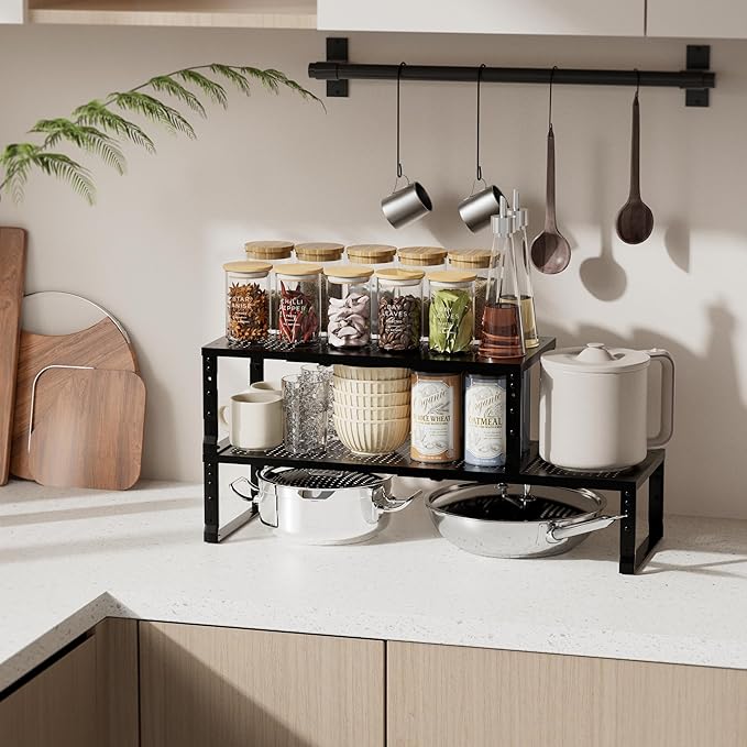 Expandable Spice Rack & Kitchen Cabinet Organizer - Stackable, Adjustable Shelves for Cabinets, Countertops, Cupboards & Pantries(2 Packs/Medium/Black)