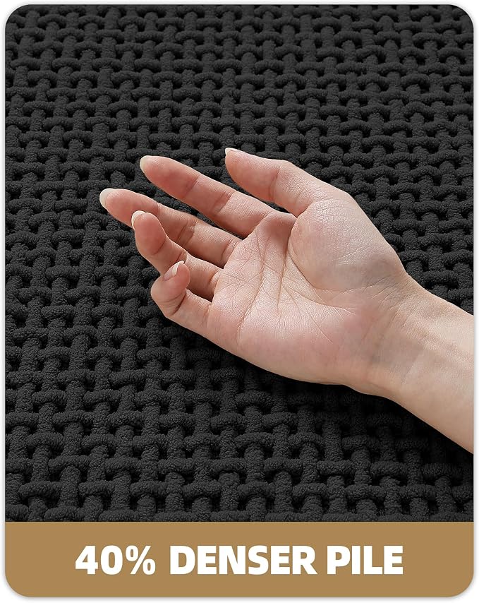 Color&Geometry Rubber Backed Waffle Bath Mat 60x24, Non Slip Water Washable Bathroom Rugs, Soft Absorbent Chenille Boho Carpet for Bathroom Floor, Tub and Shower, Black