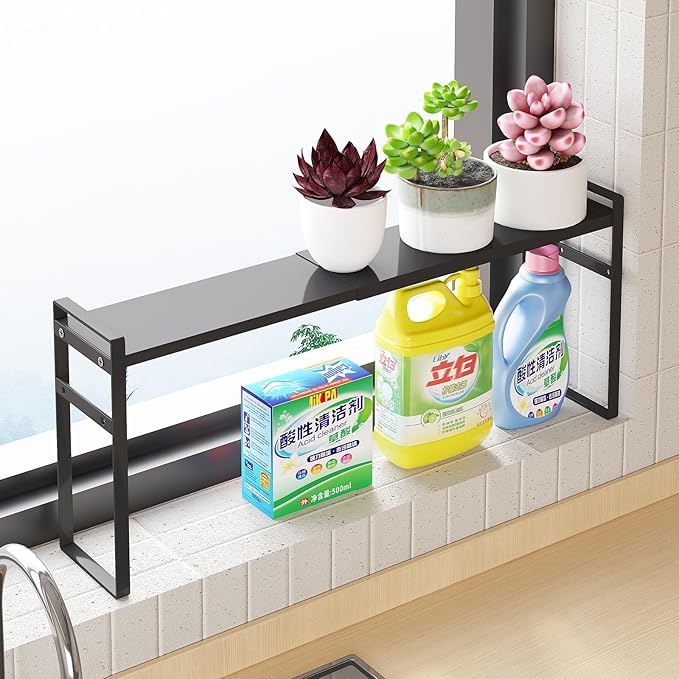 Expandable Narrow Shelf Organizer, Tall Countertop Organizer for Tight Spaces, Windowsill Plant Stand, Over-Sink/Faucet Shelf, Kitchen Counter Storage, Bathroom Vanity, Laundry Room (Black)