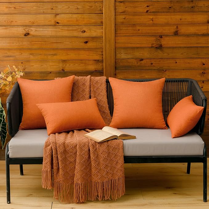 MIULEE Pack of 2 Decorative Outdoor Solid Waterproof Throw Pillow Covers Faux Linen Garden Farmhouse Cushion Cases for Summer Patio Tent Balcony Couch Sofa 18x18 Inch Orange