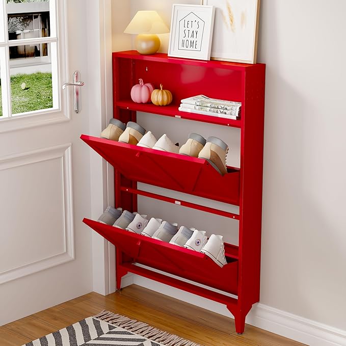 Silm Shoe Cabinet with 2 Flip Drawers,Hidden Shoe Storage Cabinet,Metal Freestanding Organizer,Narrow Shoe Cabinet Storage for Entryway,Hallway,Living Room(2 Door, red)