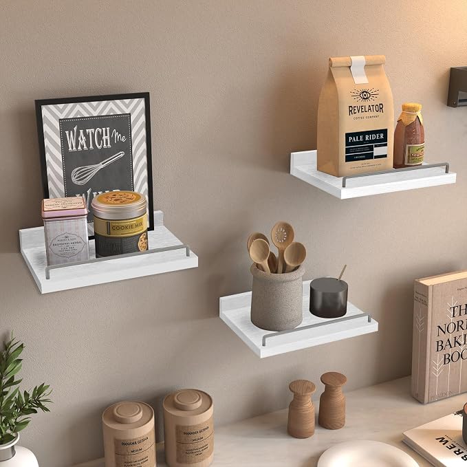 RYOFOBETTO Small Floating Shelf, 6X9 Inches Farmhouse Wall Shelves for Living Room, Bedroom, Picture Frames, Plants, Kitchen, Set of 3 (White and Grey)