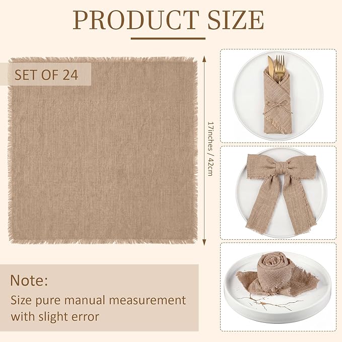 Preboun 24 Pcs Fringe Napkins Bulk Cloth Cotton Soft 17 x 17 Inch Rustic Reusable Washable Festive Square Table Napkins with Fringe for Parties Wedding Restaurant Table Accessory (Brown)