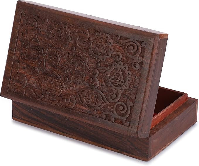 Ajuny Decorative Wooden Jewelry Box Keepsake 8 Inch - 7 Chakra Carving Box for Jewelry, Coins, Tarot Cards, Small Treasures Chest Travel Organizer