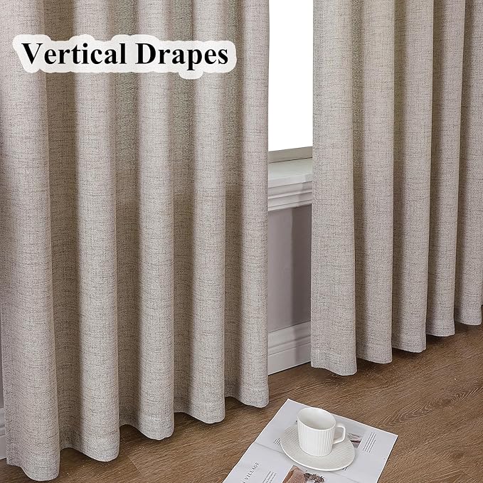 Flax Linen 84 Inch Pinch Pleated Curtains 2 Panel Set for Living Room Thick Textured Drapes 84 Inches Long Pinch Pleat Drapes Semi Sheer Curtain for Dining Bedroom Office Grey Taupe