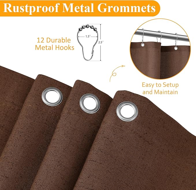 Naturoom Caramel Brown Linen Shower Curtain, Country Boho Farmhouse Bath Decor Shower Curtains Neutral Cloth Weighted Textured Fabric Bath Curtain Liner with Hooks, 72x72