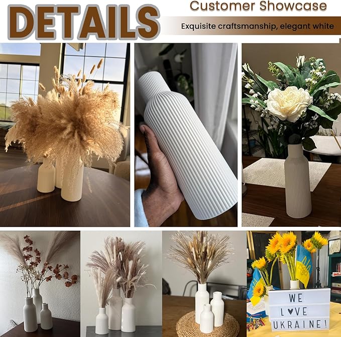 Colorful Ceramic Vases Set of 3, Matte 3D Vertical Ribbed,Minimalist for Pampas Grass, Dried & Fresh Flowers, Centerpiece for Living Room, Shelf, Entryway, Wedding (White, Yellow, Blue)