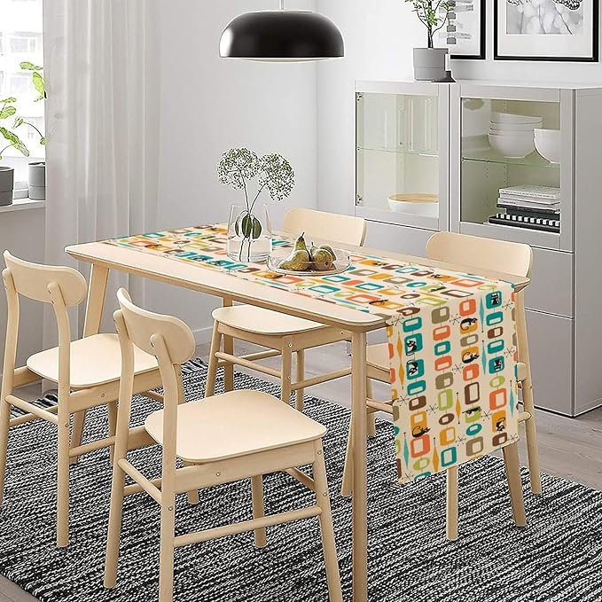 Mid Century Table Runner, Modern Atomic Pattern Absctract Geometric Retro 1950S 1960S Dinner Runner for Home Kitchen Dining Table Decoration 13x36 Inch