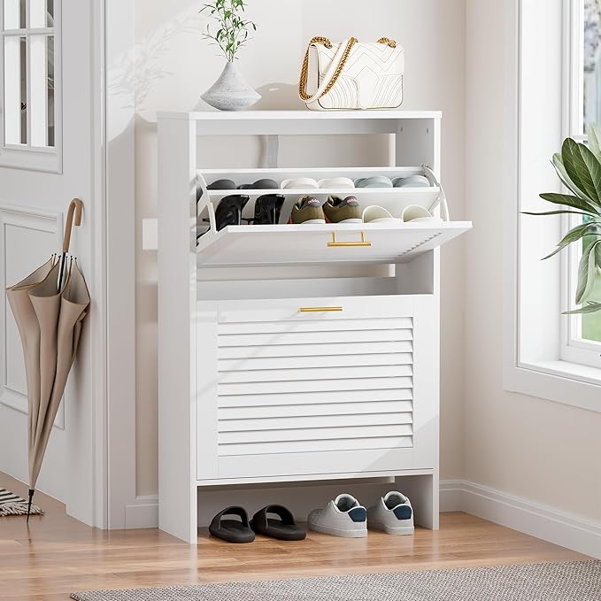 Shoe Cabinet Storage, Hidden Shoe Organizer, Modern Freestanding Organizer with 2 Flip Drawers Louvered Shoe Cabinet for Entryway (White, 2 Drawers)