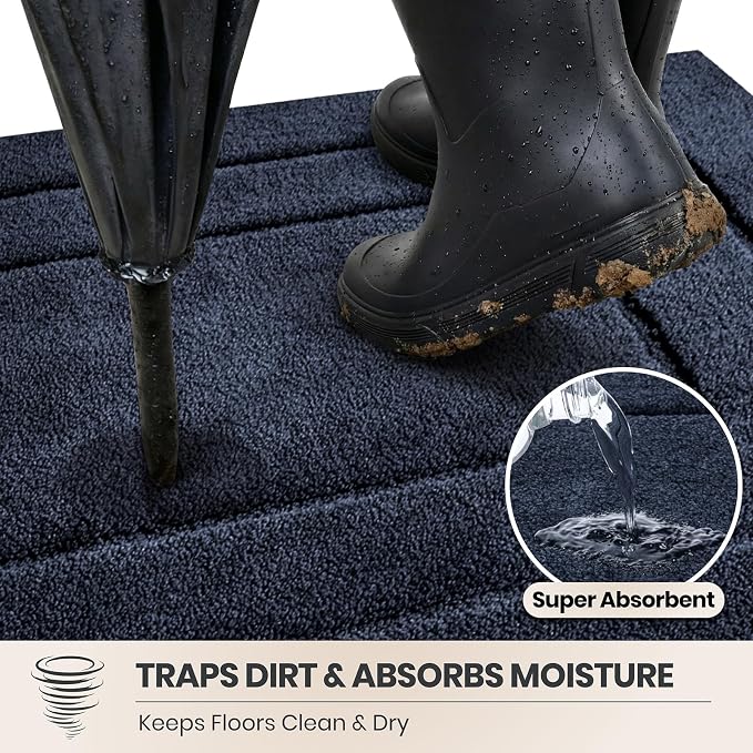 PURRUGS Dirt Trapping Door Mat 20" x 31.5", Non-Slip/Skid Machine Washable Entryway Rug, Dog Doormat, Super Absorbent Welcome Mat for Muddy Wet Shoes and Paws, Navy Blue