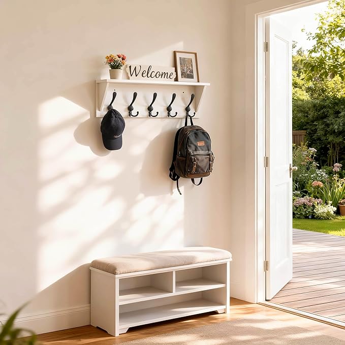 Dseap Wall Mounted Coat Rack Shelf - 24” Heavy Duty Entryway Wall Shelf with 5 Tri Hooks - Solid Pine Wood - for Entryway, Mudroom, Kitchen, Bathroom
