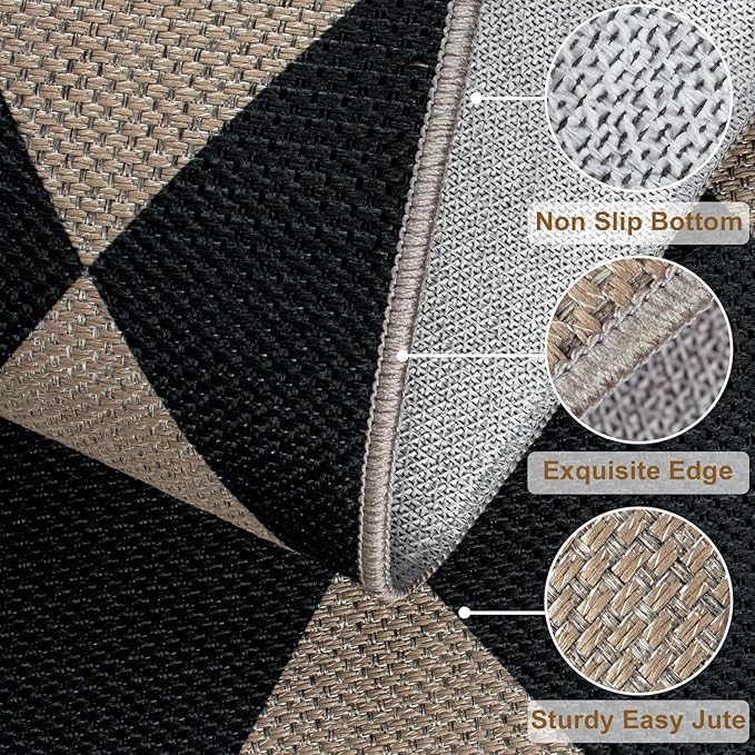 Rugalia Easy Jute Black Checkered 8x10 Area Rug, Washable Modern Outdoor Rug for Patio Non-Slip Diamond Rugs for Living Room, Neutral Farmhouse Floor Carpet for Bedroom Dining Room Classroom