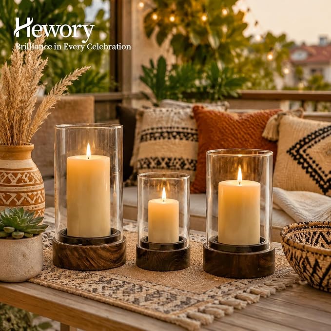Hewory Hurricane Glass Candle Holder : Set of 3 Rustic Brown Candle Holders for Pillar Candles, Vintage Decorative Wood Stand with Clear Glass for Weddings,Christmas,Table Centerpiece,Home Decor
