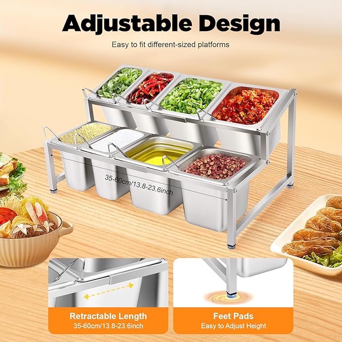 8 Pans Spice Rack Shelf 2 Row Adjustable Stainless Steel Spice Organizer Stand with Lids Expandable Countertop Inclined Holder Buffet Containers Set for Sauce Jam Ingredient Kitchen Restaurant
