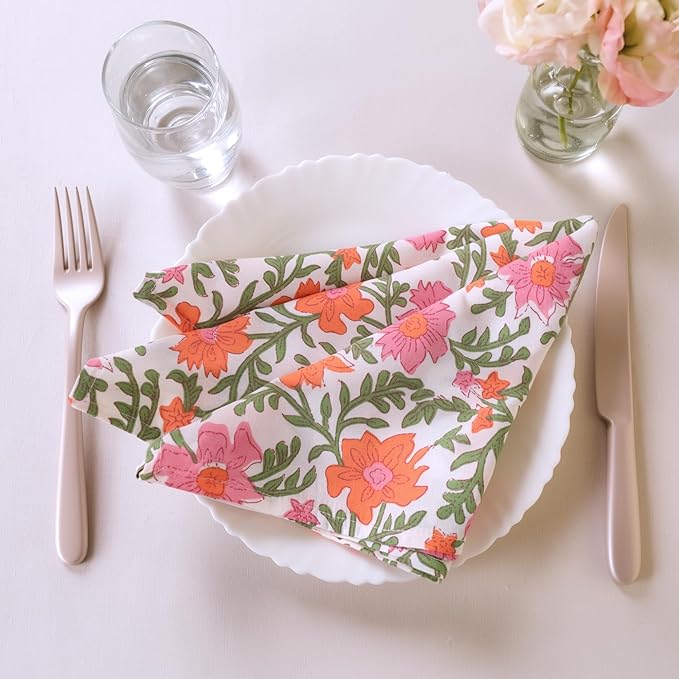 Floral Cloth Napkins Set of 12, 100% Cotton Reusable Dinner Napkins, Block Print Inspired, 18 x 18 Inch Table & Kitchen Napkins for Everyday Dining & Entertaining, Cream Floral