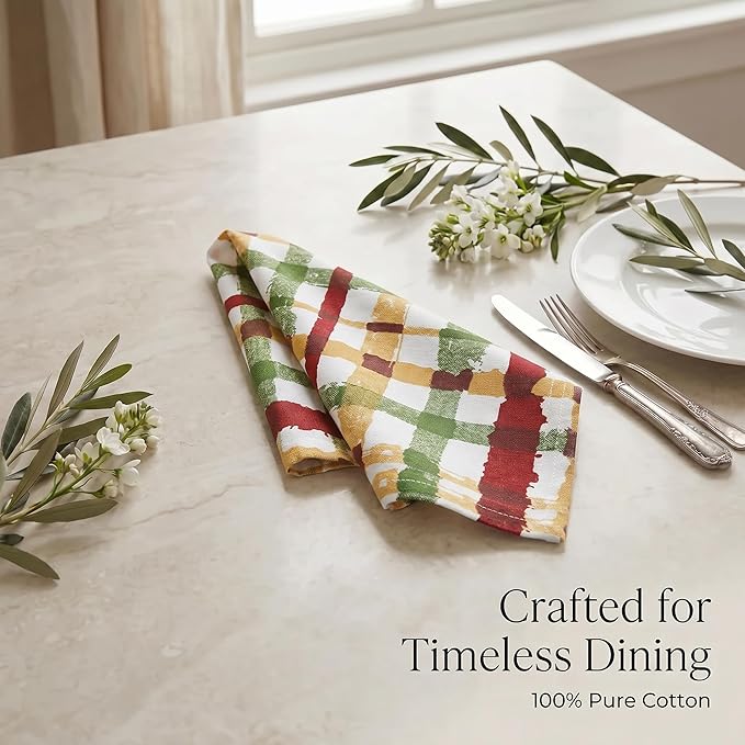Urban Villa Cloth Napkins 100% Cotton Highly Absorbent Washable Durable Reusable Premium Dinner Napkins Ideal for Gifts for Mothers Day Hotel Farmhouse Parties - Fall Checks (20" x 20", Set of 12)